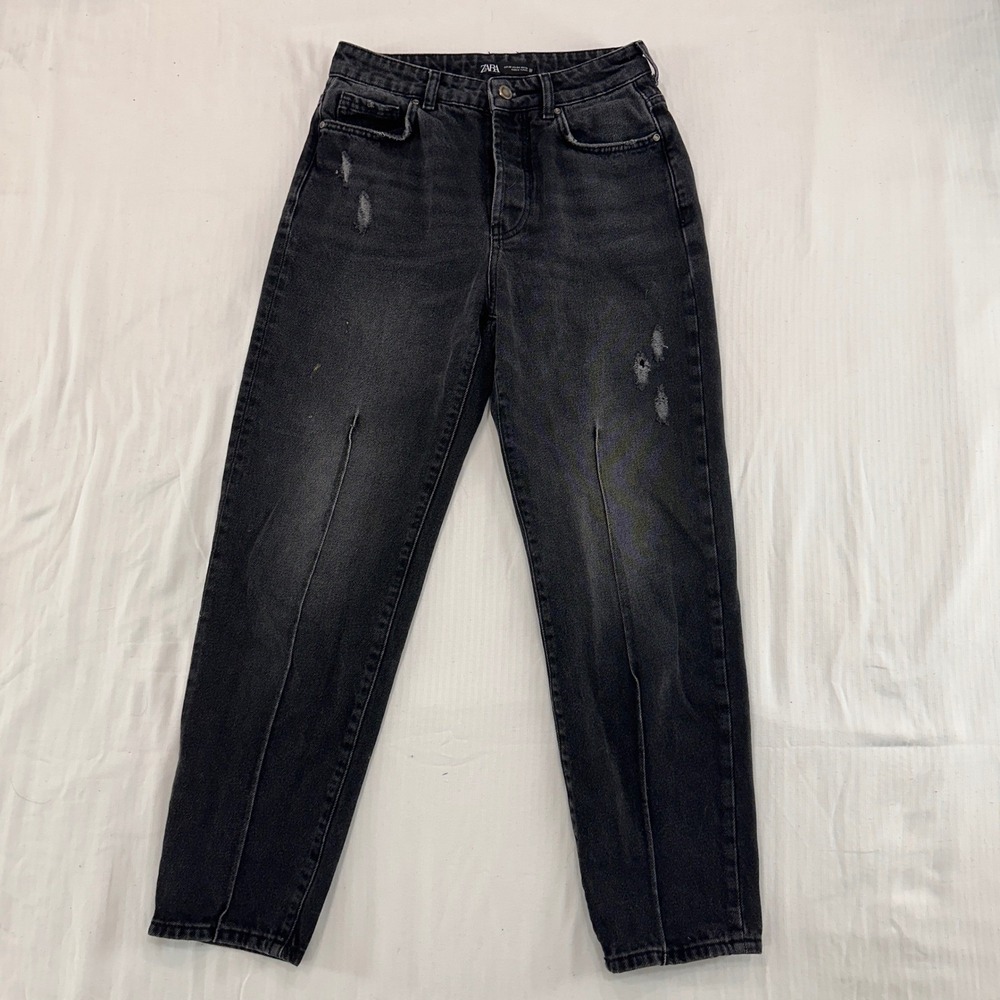 ZARA Black Distressed High Rise Button Fly Mom Jeans Women US‎ 4 Grunge